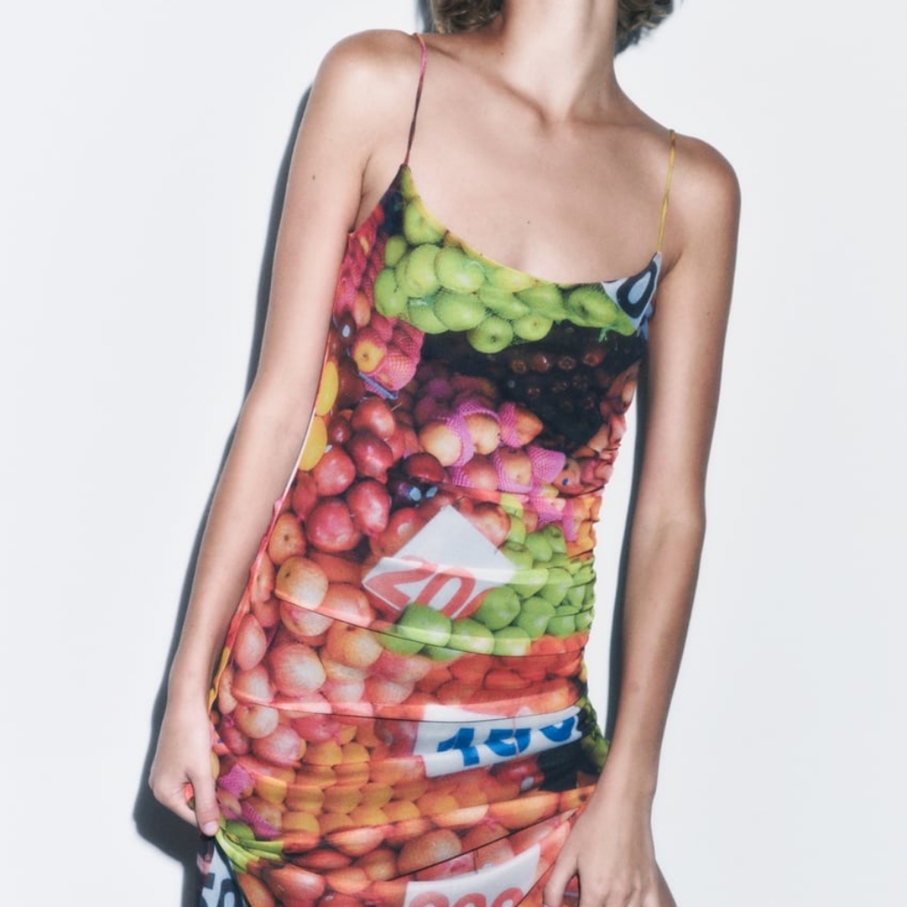 NWT ZARA Ruched Mesh Colorful Fruit Stand Print Midi Dress Sz Medium Blogger L